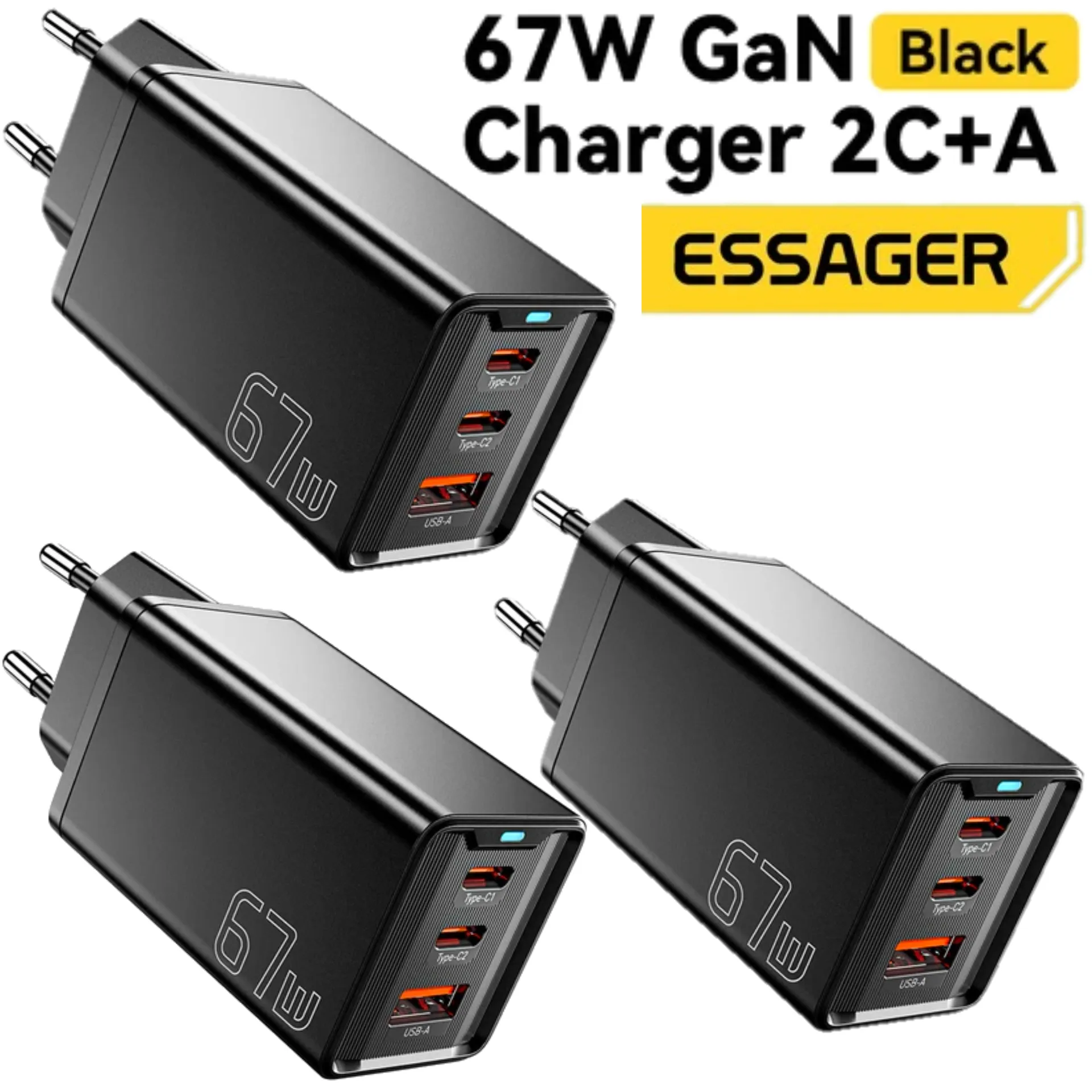 [3 Unidades/R$ 116 Gpay/Taxa Inclusa] Essager Carregador 67w Gan, Usb Tipo-C + A, Pd, Carga Super Rpida Qc3.0, Para Ios E Android